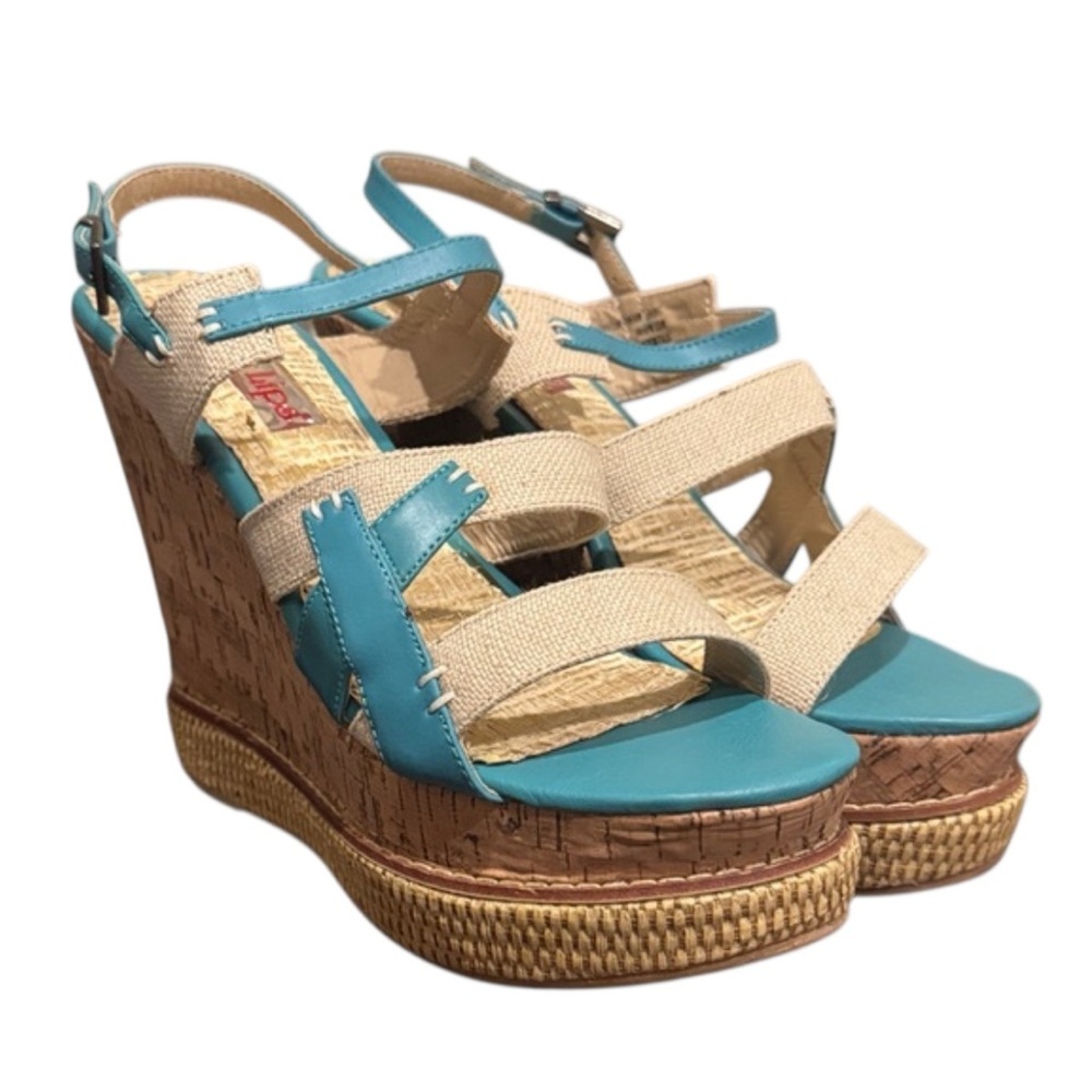 Two Lips Beserk Turquoise Beige Cork Platform Wedge Sandals size 10